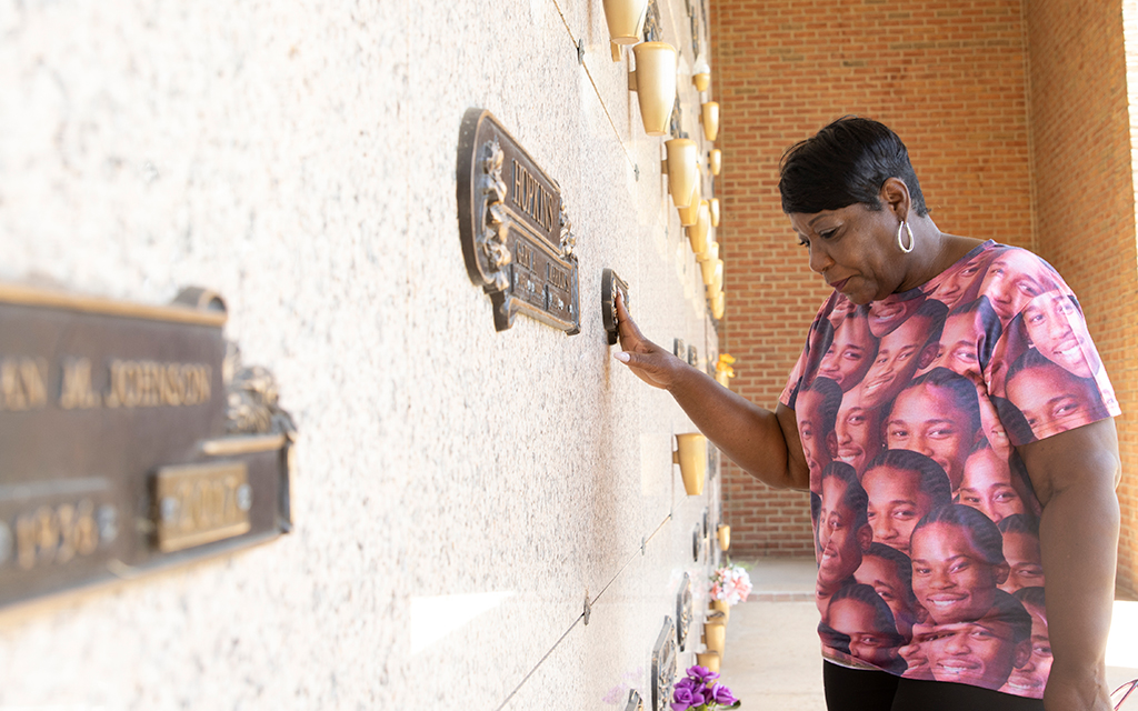 Marion Gray-Hopkins visits the resting place of her son, Gary Hopkins Jr,. at the Fort Lincoln Funeral Home & Cemetery in Brentwood, Maryland. The 19-year-old was shot and killed by a police officer in 1999. (Photo by Dianie Chavez/News21)