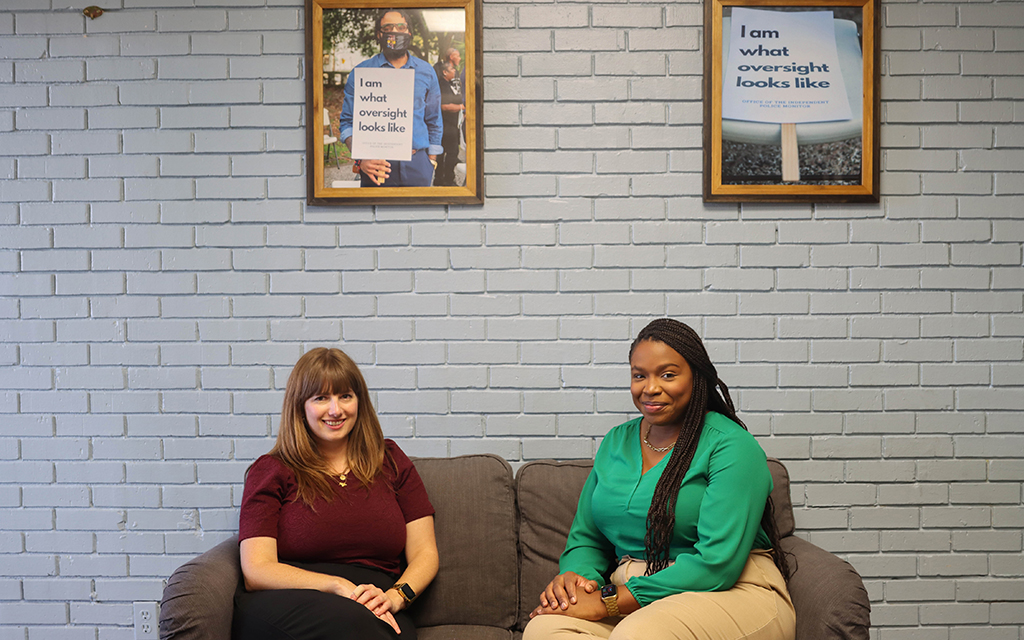Stella Cziment, left, the New Orleans independent police monitor, and Bonycle Sokunbi, deputy police monitor, are photographed in their office on July 14, 2022. Cziment says the police department has changed significantly since the independent monitor’s office was established in 2009. (Photo by Kate Heston/News21)