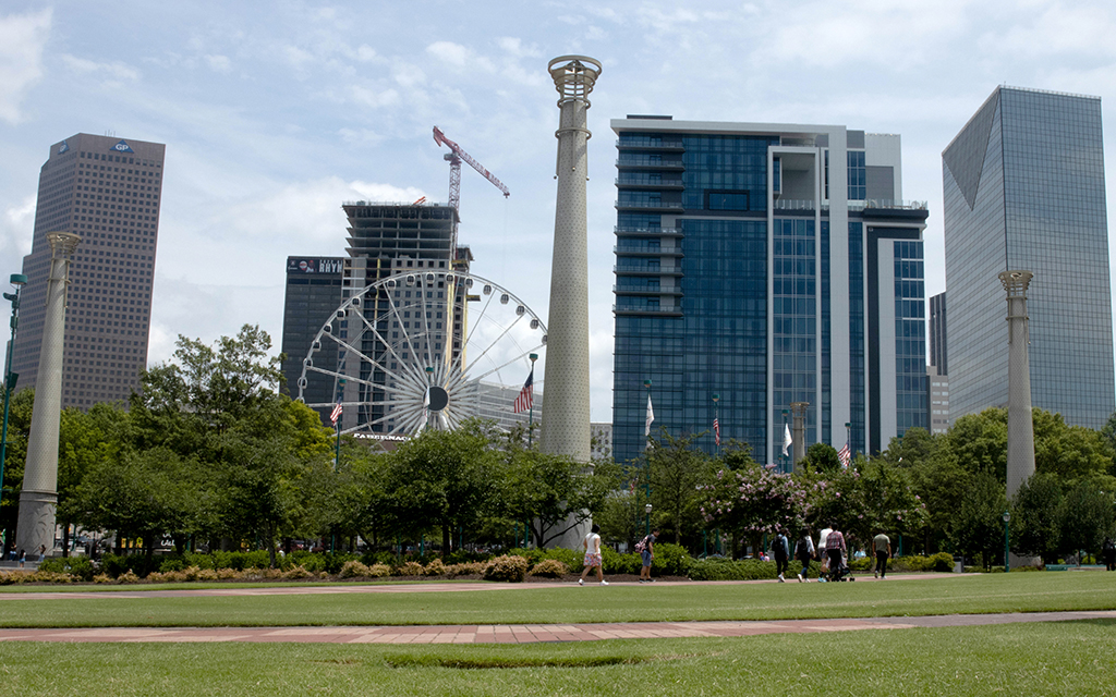 The Georgia Centennial Olympic Park skyline in Atlanta. Georgia is the most recent state to protect police officers, firefighters and emergency medical crews under hate crime law. (Photo by Donovan England/News21)